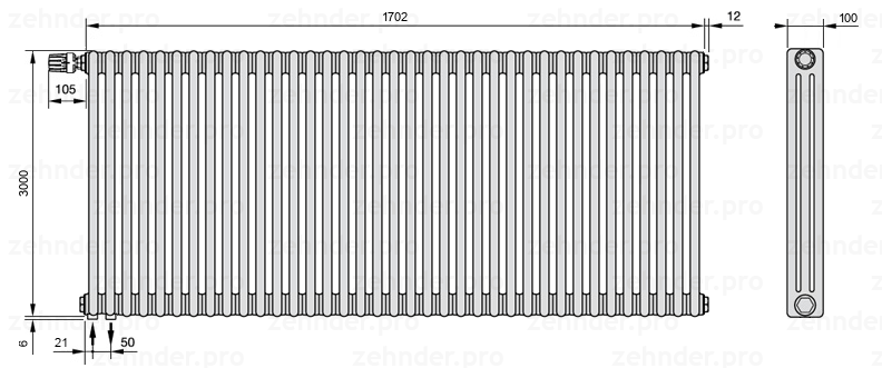 Схема (чертеж) Радиатор Zehnder Charleston 3300/37 №V001 Белый глянцевый RAL 9016